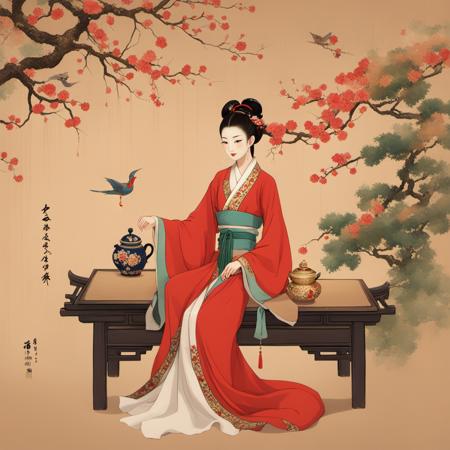 <lora:hannv:0.9>,LU,hanfu,1girl,chinese clothes,flower,black hair,sitting,solo,long sleeves,hair bun,hair ornament,sash,wide sleeves,red lips,bird,earrings,jewelry,full body,hair pulled back,closed eyes,red flower,updo,makeup,closed mouth,single hair bun,teapot,tree,vase,robe,lipstick,Chinese Hanfu,