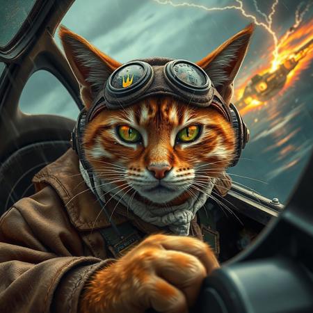 cinematic cockpit close-up, anthropomorphic orange tabby cat WWII fighter pilot, intense expression, gripping throttle and joystick in a worn P-51 Mustang, brown leather flight jacket with shearling collar, white silk scarf fluttering, leather aviator cap with ear holes and squadron patch (claw + lightning bolt), scratched goggles reflecting glowing amber dials, green eyes narrowed, oxygen mask on muzzle, headset over ears, dramatic rain-streaked canopy, bullet marks, chaotic aerial dogfight outside — smoke trails, tracers, enemy plane in flames spiraling down, lightning flashing over stormy ocean, vivid motion blur, ultra-detailed fur, dramatic lighting, cinematic contrast, colors: brown, olive, silver, fiery orange, green, stormy blue sky, (hyper-realism:1.2), (tense atmosphere:1.1), (action anime style:0.8)
Negative Prompt:
blurry, poorly drawn, disfigured, deformed hands, low detail, bad anatomy, extra limbs, extra eyes, out of frame, watermark, text, logo, jpeg artifacts, cropped, low contrast, untextured