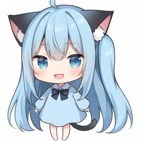 chibi, shizukutype, solo, cat ears, animal ears, tail, cat tail, long hair, blue hair, blue eyes, white background, bangs, open mouth, long sleeves, very long hair, smile, barefoot, simple background, blush, cat girl, standing, blue dress, :d, ahoge, bow, blue shirt, full body, hair between eyes, black bow, shirt, hair ornament, sleeves past wrists, collared shirt, dress, looking at viewer, puffy sleeves