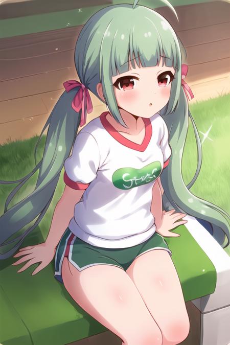 Sadone,
1girl, ahoge, alternate costume, blush, buruma, green hair, gym shorts, gym uniform, hair ribbon, long hair, looking at viewer, low twintails, red eyes, ribbon, shorts, sitting, solo, twintails

<lora:batoga-v1.0:1>