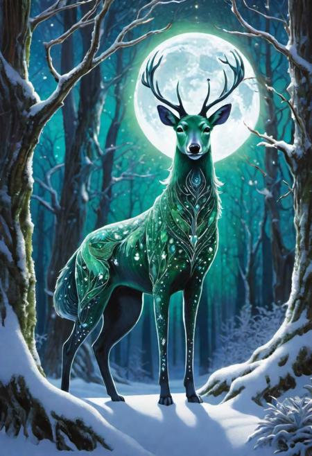 Astral Aura, Amidst a silvery winter's night, a small, agile creature, reminiscent of legends and fairy tales, flits through the moonlit forest. Its coat, a tapestry of deep forest green and frosty white, blends seamlessly with the enchanted winter surroundings. With a snout that twitches in the crisp air and keen, bright eyes surveying the landscape, it moves with a purposeful grace, akin to a guardian spirit of Christmas lore. On its back, a tiny, intricately carved wooden pack, adorned with holly and mistletoe, overflows with miniature gifts, each wrapped in paper that twinkles like starlight. As it bounds softly over the snow, its presence brings a sense of wonder and joy, weaving the magic of the holidays into the heart of the wilderness., astral, colorful aura, vibrant energy
