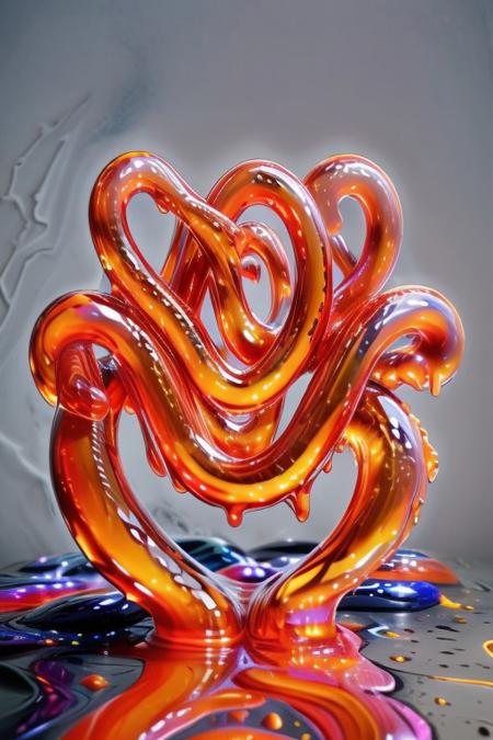 sl1m3d, score_9, score_8_up, score_7_up, high res image, masterpiece, best quality, (slime-morph:1.2), made of slime, exploding, slime explosion, shiny, glossy, wet, simple background, Focus from above,
