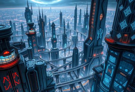 In a sprawling, far-future sci-fi metropolis, an expansive, multi-tiered cityscape extends across the horizon. Massive, modular structures complex of futuristic architecture are crafted with gleaming alloys, glass, and synthetic materials, each tower adorned with intricate light patterns and holographic displays that pulse rhythmically against the night sky. At various levels, networks of suspended pathways, elevators, and multi-level bridges connect buildings, creating a lattice of pedestrian and vehicle routes in three dimensions.