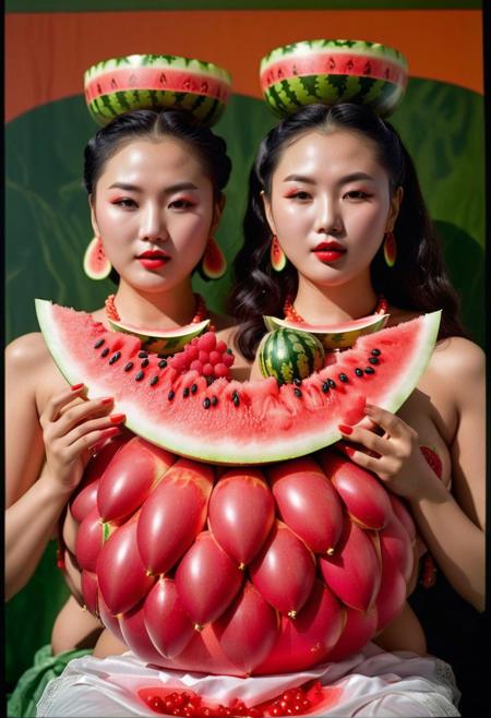 A waist up extremely erotic photograph, two sexy busty horny, temple priestesses l, are eating a watermelon, in the brand new shiney colorfully painted, sacred temple of Artemis.  Korean , Tropicalia retrofuturism, Leica M3, 50mm lens,