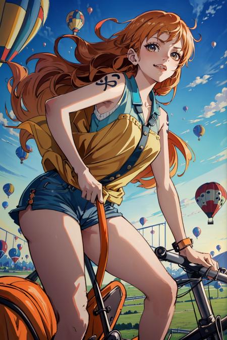 (masterpiece), (best quality), (official art, extremely detailed CG unity 8k wallpaper), (highly detailed), ((absurdres)), namiOP, orange hair, ((sfw)), from the front, smile, happy, feisty, (((riding in a hot-air-balloon))), (wind blows:1.4), sunshine, bird, (thighs), <lyco:GoodHands-beta2:1.0>,  <lora:namiOP:1>