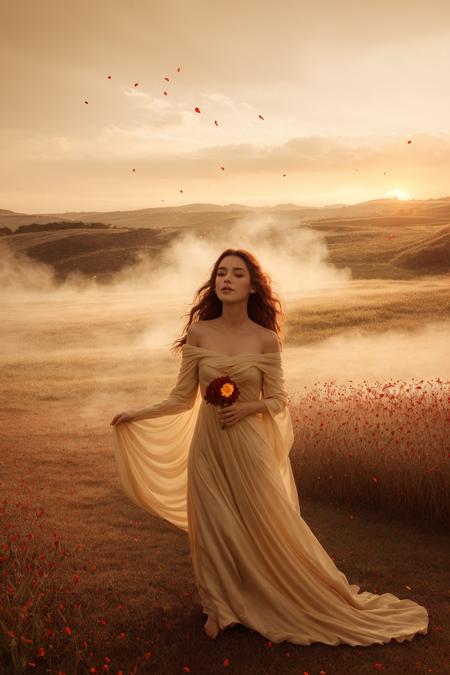 open flower field filled with blooming roses, soft rose petals gently falling from the sky like rain, glowing sunset light bathing the field in gold and red, wind sweeping through the grass, magical and romantic cinematic fantasy vibe, surreal and ethereal atmosphere