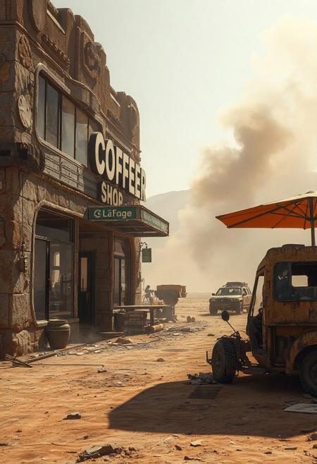 An exterior view of a futuristic, destroyed, lonely coffee shop, post apocalyptic barren planet, dry and dusty, parched surface, hot windy atmosphere, dust blowing, smoke, rising in the background, broken glass, decay, wrecked vehicles, science fiction