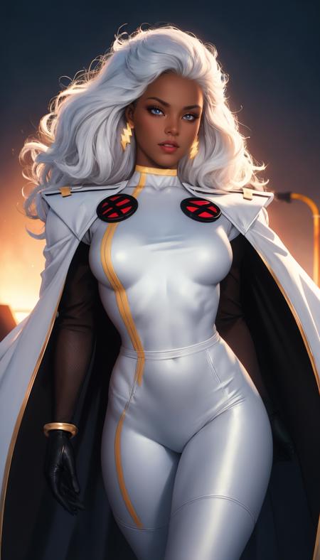 CARTOON_X_MENs_Storm,ownwaifu,
long hair,white hair,dark skin,dark-skinned female,breasts,lips,blue eyes,very dark skin,medium breasts,lipstick,floating hair,very long hair,makeup,big hair,curly hair,red lips,eyelashes,toned,
jewelry,earrings,cape,bracelet,bodysuit,gloves,superhero,choker,
 <lora:CARTOON_X_MEN90s_Storm:0.8>, official art,extremely detailed CG unity 8k wallpaper, perfect lighting,Colorful, Bright_Front_face_Lighting,shiny skin, (masterpiece:1.0),(best_quality:1.0), ultra high res,4K,ultra-detailed, photography, 8K, HDR, highres, (absurdres:1.2), Kodak portra 400, film grain, blurry background, (bokeh:1.2), lens flare, (vibrant_color:1.2),professional photograph, (beautiful_face:1.5),