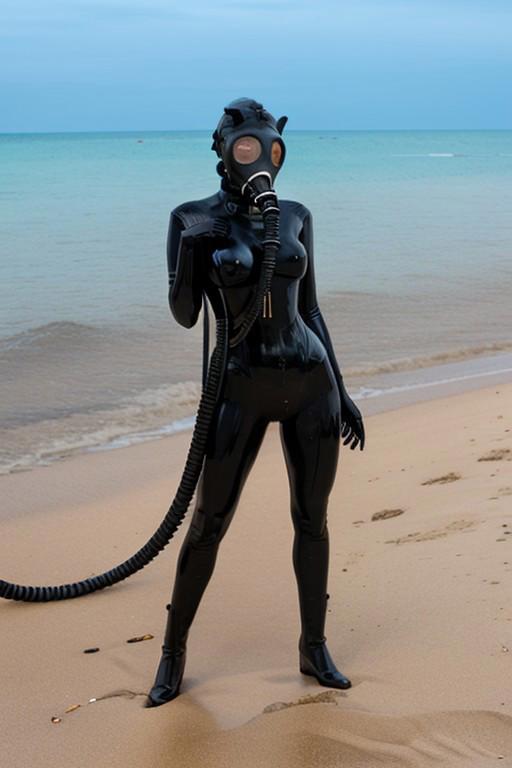 Model 4 gasmask with tube, black catsuit, on a beach.