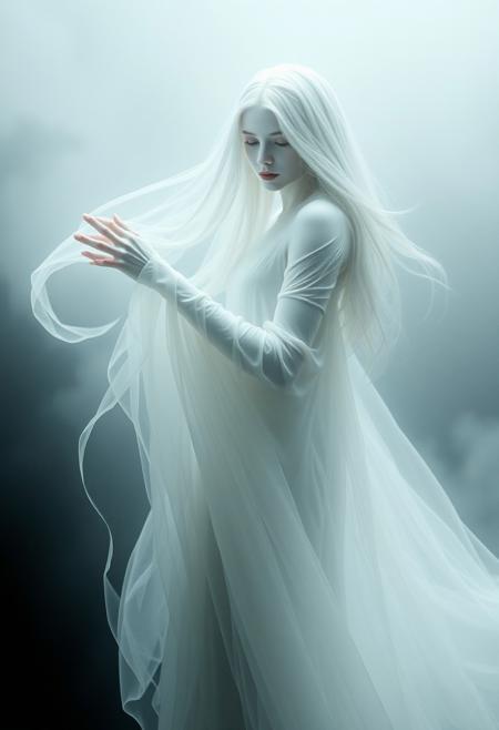 ghostly woman, ethereal figure, flowing white robes, (haunting presence:1.3), pale skin, long flowing hair, spectral glow, eerie atmosphere, misty background, soft lighting, (translucent:1.2), otherworldly, delicate yet unsettling, (haunting beauty:1.4), muted colors, supernatural aura, high quality, (ghostly apparition:1.3)