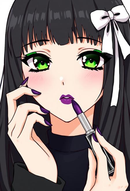 A female drawn in an anime style. She has long, black hair with a white ribbon ornament. She wears noticeable, thick green makeup around her eyes. Her eyes are a deep shade of green. Her eyes are a solid green color. She has a blank expression. Her lips are a deep purple. She is applying purple lipstick from a tube. The lipstick is glossy. The image is focused on her applying the lipstick.