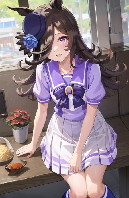 <lora:RiceShower_v21:0.8>,RiceShower,(rice shower \(umamusume\)),(masterpiece),illustration,brown hair,long hair,purple eyes,swept bangs,long bangs,long hair,small breast,hair covers right eye, smile,looking at viewer,school uniform, street,shopping district,