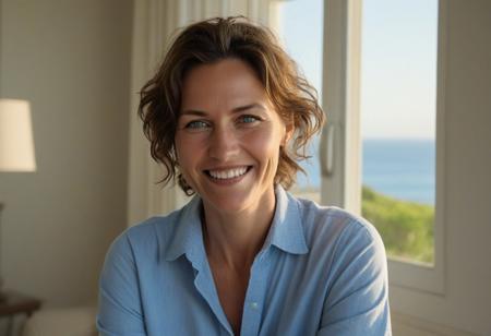 A meticulously detailed, hyper-realistic studio portrait of Olivia, a 35-year-old woman with sun-kissed skin and bright green eyes. She has a slim, oval, delicately contoured face with high cheekbones, a narrow jawline, and a subtle V-shaped chin. Her wavy, short-length light brown hair is casually tousled, framing her naturally beautiful face. Her skin has realistic texture: visible pores, soft natural wrinkles, gentle laugh lines, and minor imperfections that enhance authenticity. She wears a solid blue button up shirt an a warm, genuine smile with slightly imperfect teeth. She seats in a warm living room, facing the sunset, and ocean,through a Beau window, captured with an 85mm lens at f/4, with natural color grading and an unedited RAW film look — inspired by Kodak Portra 400. No makeup retouching, no plastic effect, no artificial smoothing.