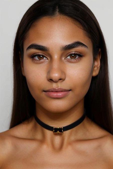 (8k:1.3, masterpiece, best quality, high quality, absurdres, ultra-detailed), headshot portrait, 1girl, solo, natural beauty, chiseled features, feminine, gorgeous, model, detailed face, hyper realistic skin, (((characteristic face))), (((high cheekbones, narrow chin, hollow cheeks))), ((innocent, virgin)), (((tight gold choker))), ((adorable)), (19 years old), ((black hair)), (((amazing hair))), ((thick eyebrows)), (((random moles))), ((eye reflections)), ((amazing eyes)), white teeth, ((characteristic mouth)), subtle make-up, blushed cheeks, ((full lips)), smokey eyes, ((thick eyebrows)), symmetric face, narrow face, big lips, big eyes, (teeth gap), ((characteristic teeth)), soft smooth skin, (((closed mouth))), (((dimples))), ((pink lips)), 
blurred background depicting a bedroom, 
(perfecteyes eyes), (subtle smile), easynegative, CyberRealistic_Negative