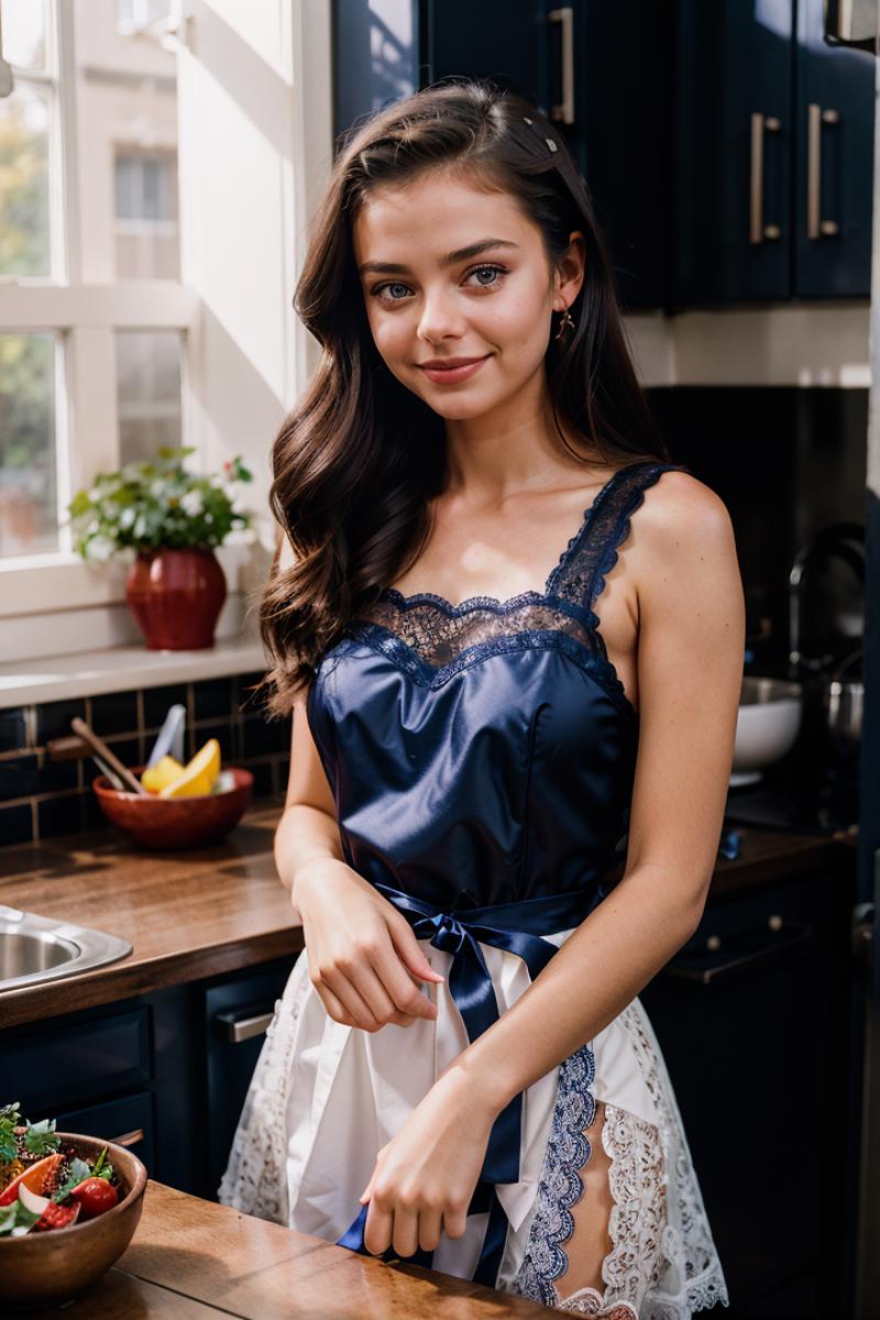 A beautiful woman in a blue dress stands in a kitchen.