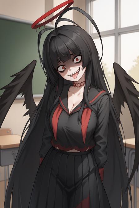 ktba, halo, antenna hair, black hair, very long hair, choker, wings, serafuku, black serafuku, neckerchief, shirt, black shirt, skirt, long skirt, black skirt ktba, halo, hair flower, black hair, ponytail, very long hair, criss-cross halter, wings, side-tie bikini bottom