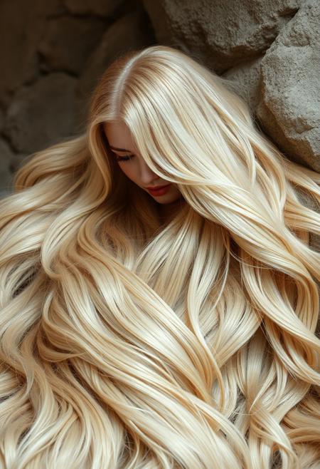 buried in a mound of luxuriant incredible thick abundant voluminous lush sensuous extremely long pale golden blonde hair wrapped around the body