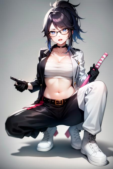 kson(vshojo), navel, belt, holding, multicolored clothes, white footwear, black hair, glasses, large breasts, mole under eye, holding sword, coat, white pants, wooden sword, chest sarashi, black gloves, simple background, bokken, blue eyes, open clothes, black-framed eyewear, puffy pants, pants, solo, white background, boots, sarashi, gloves, open mouth, sword, mole, weapon, full body, 1girl, looking at viewer, holding weapon, blue hair, ponytail, choker