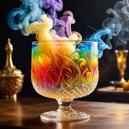 golden, royal drinking glass, made of gold, golden table, jewelry intact on glass, ornate, intricate, detailed design, elegant, luxurious, shimmering, regal, majestic, captivating, enchanting, (((rainbow-colored smoke))), smoke focus, mix, vibrant, mystical, ethereal, fantasy, opulent, exquisite, dazzling, radiant, enchanting, mesmerizing, detailed, cinematic lighting, masterpiece, best quality, ultra realistic, 4k, 2k, film photography, RAW photo, photorealistic, analog style, subsurface scattering, photorealism