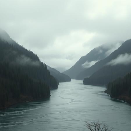 medieval, a wide river, mountains  forests, rain, mist, gloomy and overcast, cold, ominous