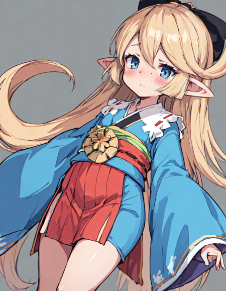 masterpiece, best quality, absurdres, charlotta, 1girl, solo, blush, flat chest,
miko, kimono, long sleeves, wide sleeves, sash, 
leaning back,
simple background,