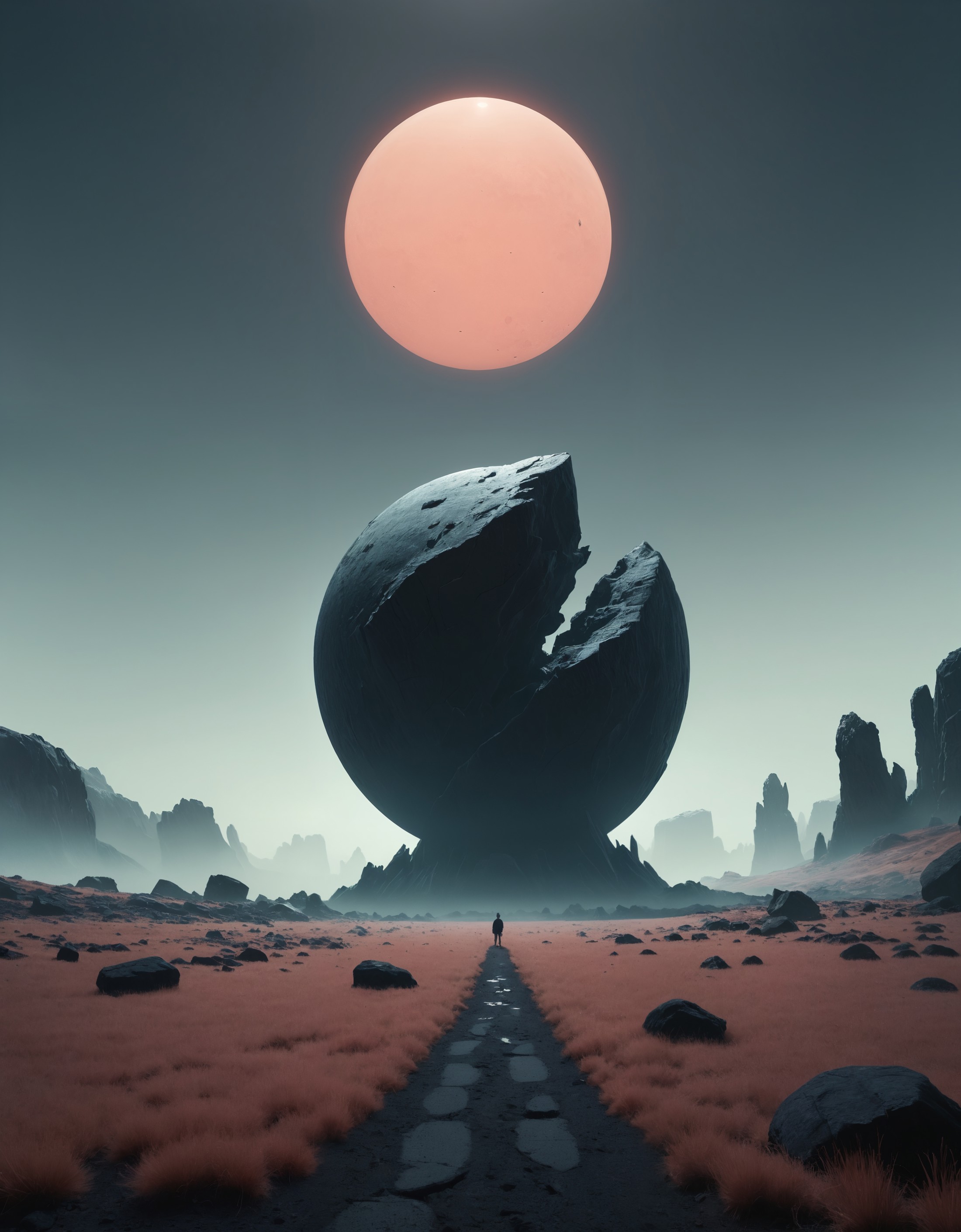 minimalist, carbonite planet, infrared picture, soft colors, outdoors, field, giant sharp dark rocks, scenery, pale sun, f...