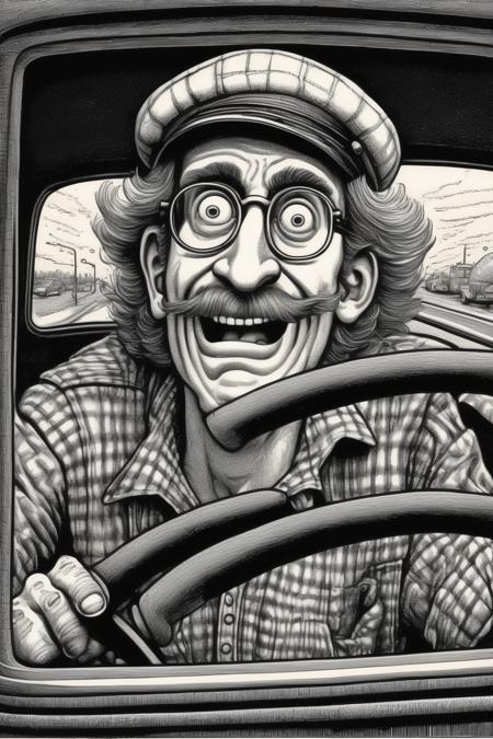 <lora:Robert Crumb Style:1>Robert Crumb Style - illustration in the style of Robert Crumb of a driver, unique scenes, intricate and detailed linework, cross-hatching and fine lines to create texture and depth, certain physical attributes to convey personality and emotions, highly expressive facial expressions, wide range of emotions, often conveying satire, humor, or social commentary, style emerged from the underground comix movement of the 1960s and 1970s, countercultural themes