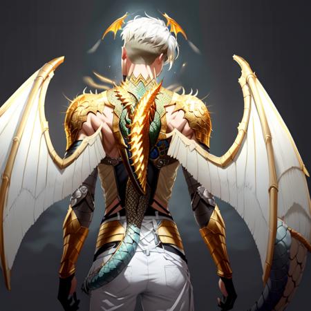 photorealistic, realistic, masterpiece, absurdres, highly detailed, from behind, looking back, (dragon wings:1.2), armor, 1boy, (mature male:1.5)