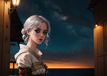 character: Ciri, woman, 1girl, silver hair, cowboy shot, close-up, night, solo, scenery, <lora:Ciri-07:1><lora:Ciri-07:1>