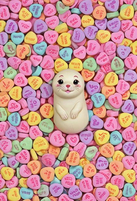 Masterpiece, high detail,high resolution, best quality, very detailed,
cute seal made from candyhearts, big eyes, :3,