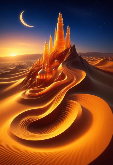 majestic palace sculpted from translucent desert glass, reflecting the fiery hues of the setting sun, golden minarets rising high above the dunes, intricate spiraling staircases carved from ancient fossilized sand, floating silk banners woven from wind, oasis hidden within inner courtyards, cascading golden waterfalls glowing under moonlight, desert fireflies flickering in the warm breeze, hyper-realistic architecture, cinematic depth, ultra-detailed lighting and reflections, high fantasy atmosphere