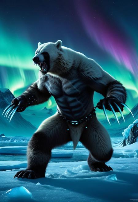A breathtaking, intricately detailed digital matte painting depicting an epic battle in the Arctic tundra. A cybernetic wolverine, with bristling fur and glowing ice crystals, snarls and prepares for combat against a rabid polar bear. The background reveals towering mountains, an ethereal aurora borealis, and a dark moonlit sky. The atmosphere is intense and dramatic, with vivid colors and expertly crafted lighting, creating a visually stunning and cinematic experience.