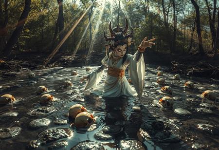 It's daylight. Sunlight shoots rays through the trees around the pond of bubbling tar. In the center is a robotic geisha demon with glowing eyes halfway submerged in the tar. Skulls are barely floating around in the tar and the demon is dancing seductively to lure you in. The photo is taken from the tar surface and she reaches out for you. Her dress is white and gold, lots of jewelry and golden chains. You must resist...