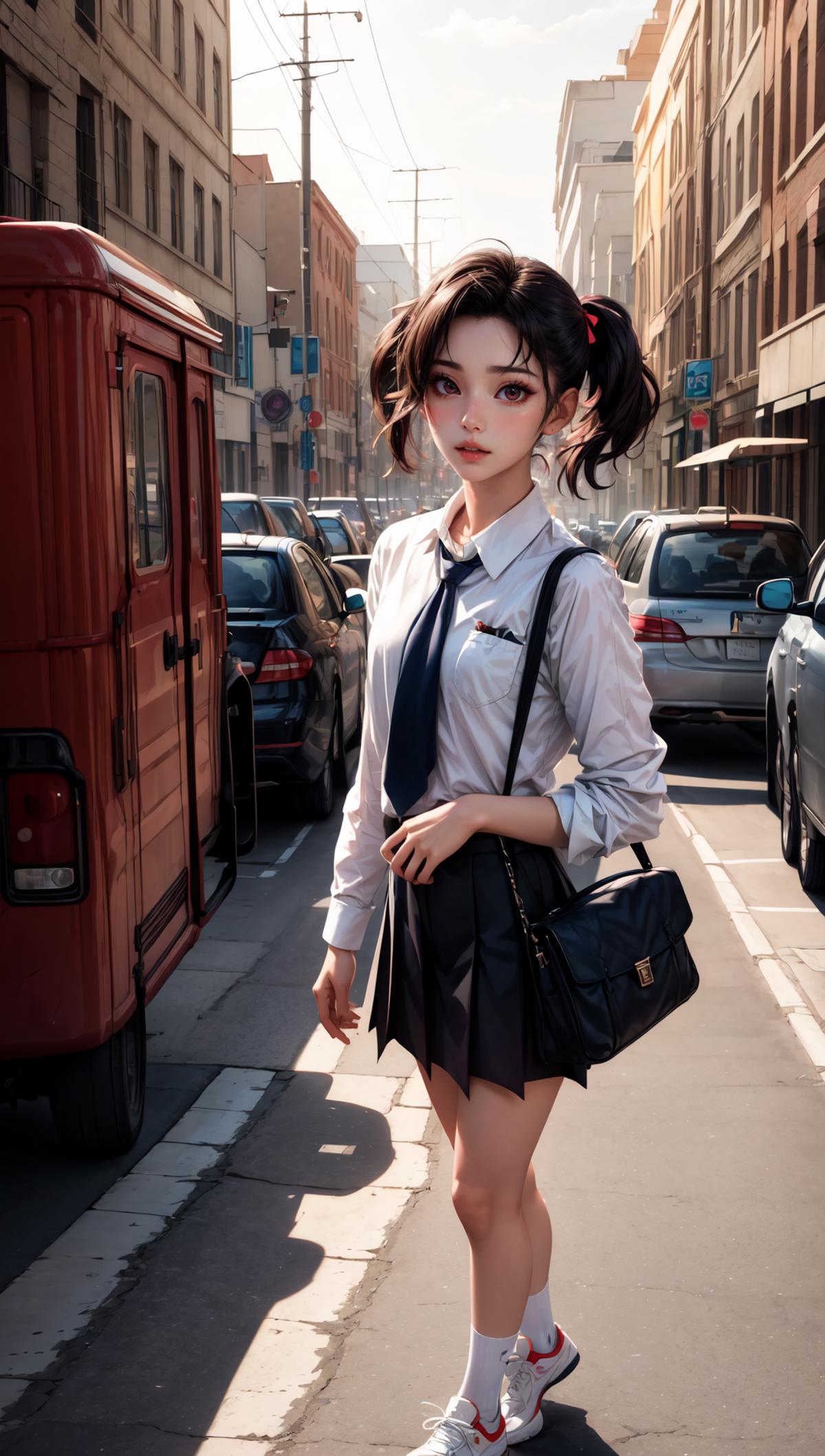 A young woman wearing a white shirt and black skirt walks down the street.