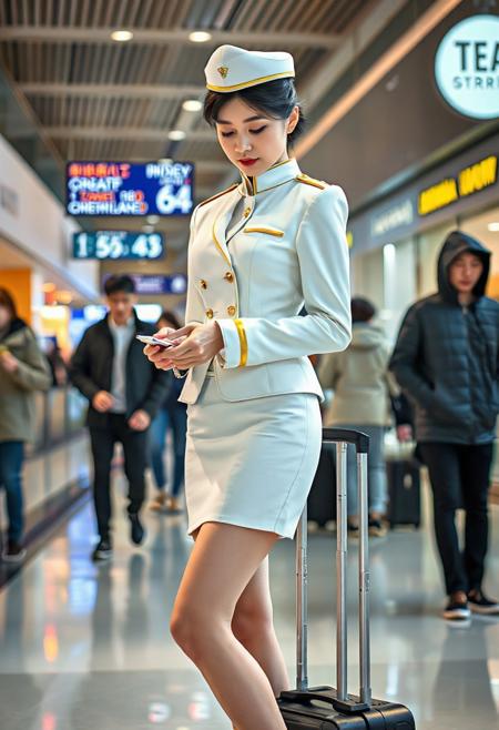 DSLR-style, glamorous, elegant 26-year-old Korean model, extremely pale skin with natural texture.  parted lips, masterpiece, ultra high-res  
<lora:NOOB_vp1_detailer_by_volnovik_v1:1>
barely visible pores, subtle skin texture variation, translucent skin tone, full body. 
A stylish individual, appearing to be a flight attendant due to their crisp white uniform featuring gold accents on the short jacket cuffs and a matching peaked cap, extremely short skirt, stands in a modern, brightly lit indoor space, possibly a shopping mall or airport terminal. They are looking down at a small, light-colored object in their hands, seemingly focused on it. A rolling suitcase stands beside them. The floor beneath them is a translucent material, revealing a lower level. In the background, several other people walk by, including a person in a dark jacket and jeans and another in a light-colored hooded jacket and pants. Signage with text and numbers is visible in the background, along with the illuminated sign of a tea shop. The overall atmosphere suggests a moment of pause in a busy public area. Capture the details of the uniform, the translucent floor, the various background figures, and the ambient lighting to create a realistic and engaging scene. Pay close attention to the textures of the clothing and the reflections on the floor.