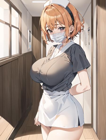 ((masterpiece, best quality, high quality)),1girl, (lower body, hospital), <lora:Old_nurse_3dg:0.5> (nurse_uniform_big, mask, nurse cap, mouth mask, nurse, surgical mask, elbow gloves), <lora:Isako Narita:0.7> (1girl, 3dcg 06, bangs, crossed bangs, eyebrow_through_hair, grey eyes, hairband, huge breasts, isako narita, mature_female, orange hair, short hair, sidelocks, solo),