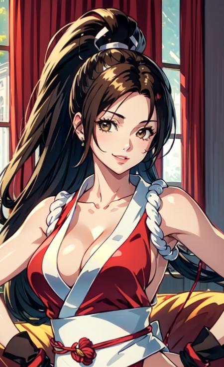 <lora:OGT_Mai_Shiranui-v1:1>Mai Shiranui, 1girl, shiranui mai, breasts, solo, ponytail, pelvic curtain, brown hair, cleavage, hand on hip, ninja, large breasts, revealing clothes, brown eyes, high ponytail, looking at viewer, indoors, japanese clothes, sash, hand fan, bare shoulders, smile, lips, long hair, thighs, rope, parted bangs, folding fan, blurry background, indoors, living room, couch ((masterpiece)), ((Best Quality)), ((Extremely Detailed)), ((Ultra Quality)), ((8k))