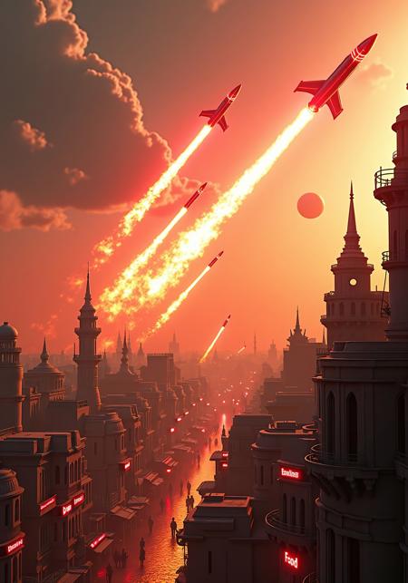 (masterpiece, ultra-HD, best quality, hyper-detailed, photorealistic, cinematic lighting, volumetric light, depth of field, dramatic contrast, rich textures)

Scene: hypersonic missiles blazing down from stratosphere, plasma trails ripping through thin clouds, shockwaves distorting air. Missiles glow red-hot, splitting the sky. 

Foreground: rooftop in Middle East dystopian cyberpunk city, neon Arabic signs flicker, tangled power lines, satellite dishes, dusty drones hover. 

Midground: bustling streets packed with market stalls, holograms in Arabic, robed figures scatter. Arcologies rise with neon minarets, oil pipelines weave through slums.

Background: more missiles streak from high orbit, vapor trails crisscross. Distant sandstorm and faint burning oil fields on horizon.

Lighting: harsh neon mixed with dusty amber, glowing particles drift, volumetric rays slice polluted air. 

Camera: wide-angle, low view looking up, emphasizing terrifying descent, dramatic foreshortening.

Style: hard sci-fi, grimdark cyberpunk, Middle Eastern aesthetic, intricate mechanical details, atmospheric haze, cinematic composition, emotional gravity.