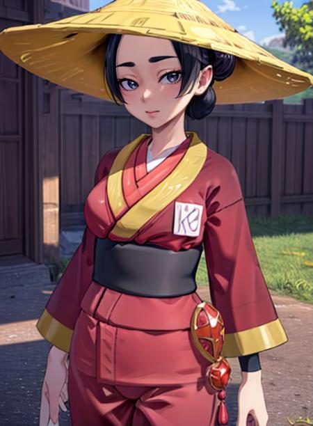 best quality, (masterpiece),(ultra-detailed), (high quality), (high resolution),<lora:add_detail:0.5> , <lora:wandapkm-10:0.7>,wanda,black hair, single hair bun, large breasts,kimono, pants,hat,upper body, looking at viewer,