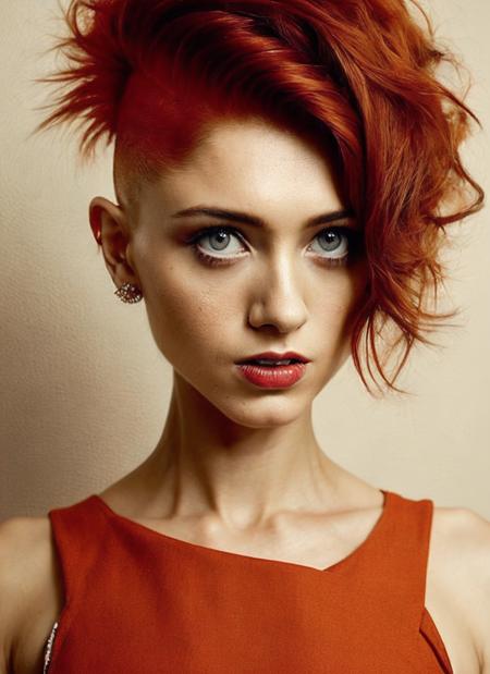 portrait of sks woman by Flora Borsi, style by Flora Borsi, bold, bright colours, orange Mohawk haircut, ((Flora Borsi)), <lora:locon_nataliadyer_v1_from_v1_64_32:1.4>