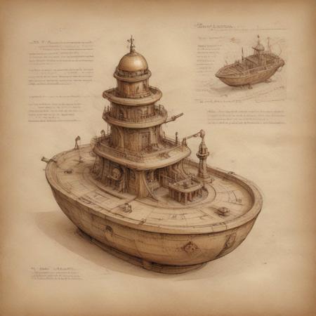 on parchment, inspired by "codex Dresden", sketch of a Mesoamerican steampunk vessel, drawn by "Leonardo Da Vinci", drawings inspired by "codex Leicester" and Leonardo's drawings in his diaries, reference Royal Library and the Vatican Archive
