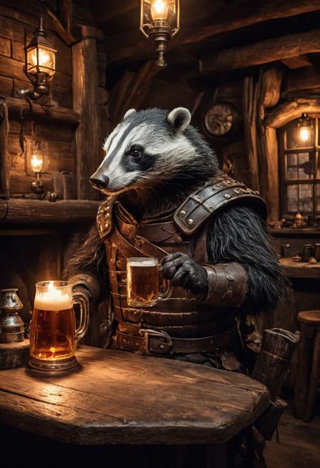 fantasy anthropomorphic a honetbadger warrior in dark tavern holding a pint of ale in a cozy environment with gas lamps rustic wood warm brick fireplace and frosted glass windows