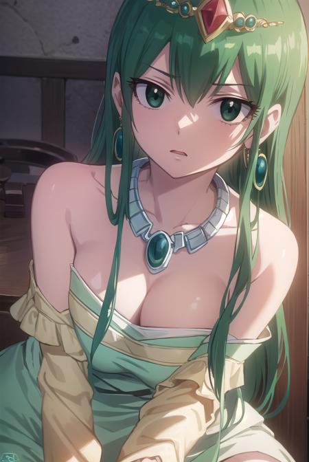 hisui, long hair, (green eyes:1.5), green hair, hair between eyes, dress, cleavage, bare shoulders, jewelry, earrings, necklace, tiara, crown,