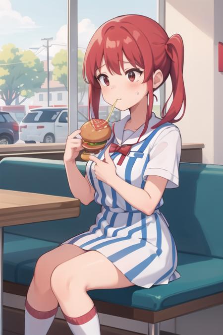 1girl,  <lora:WendyW:0.7>,  wendyw, striped socks, white and blue dress, red hair, holding a burger, at a restaurant, fast food, windows, eating ,mouth full