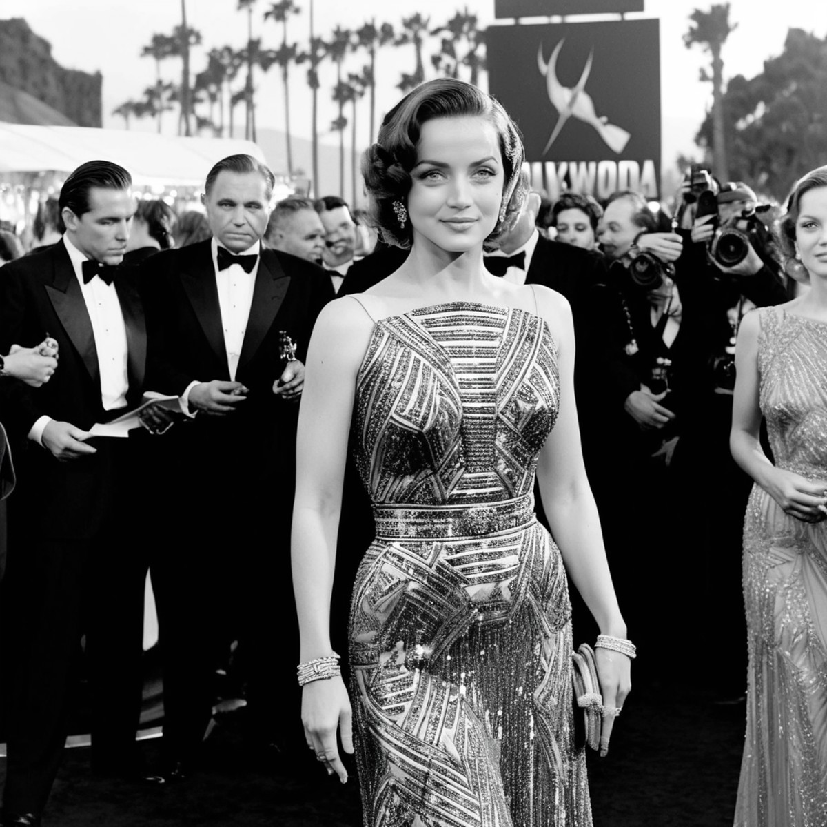 Black and white red carpet photograph of an old hollywood starlet, flash photo, glamour,  anxarmas,   <lora:anarmas_jugger...