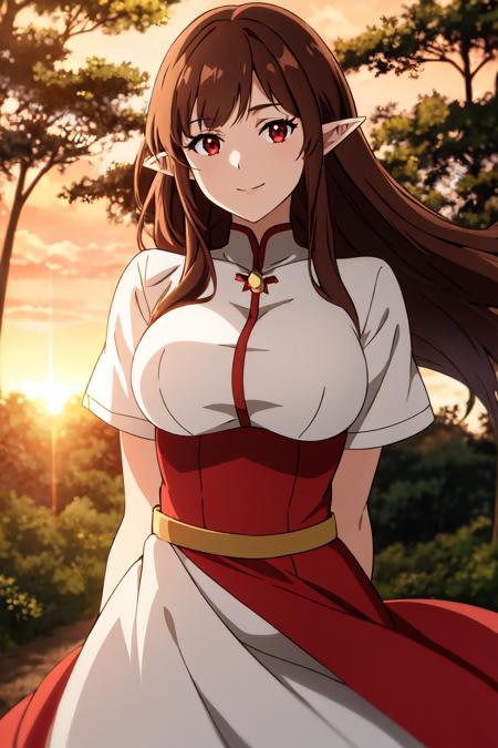 masterpiece, best quality, solo, anime screencap,
long hair, brown hair, red eyes, dress, large breasts, pointy ears, light smile,
depth of field, blurry background, forest, portrait, wind, sunset, good hands,