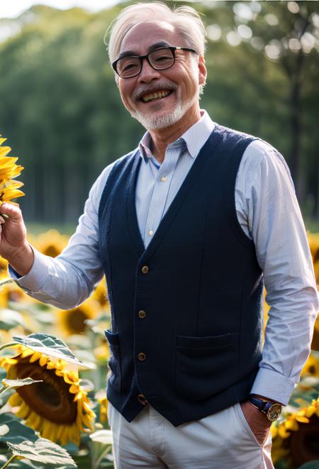 (A medium photo of  gongqijun,oldman),wearing(brown vest,babyblue shirt),smile,(standing on sea of sunflowers),sunlight,(sunflower petal in air),(masterpiece) (photorealistic:1.2) (bokeh) (best quality) (detailed skin) (intricate) (8k) (HDR) (cinematic lighting) (sharp focus) 
 <lora:gongqijun:0.9>