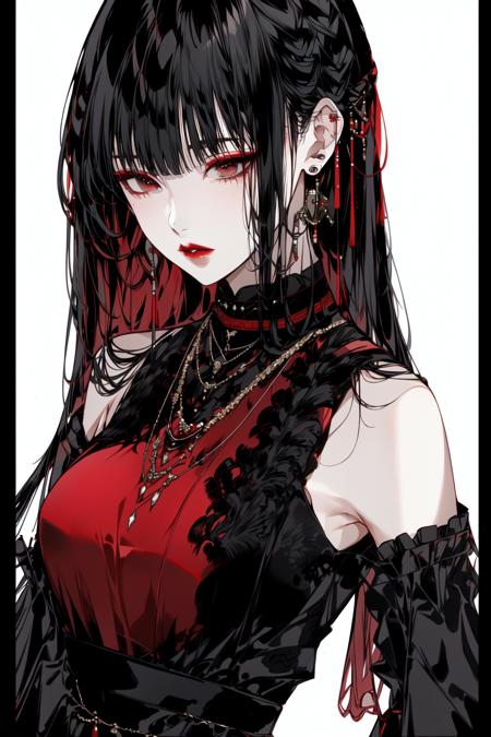 <lora:C_dark:1>1girl, solo, long_hair, breasts, looking_at_viewer, bangs, simple_background, black_hair, red_eyes, white_background, dress, bare_shoulders, jewelry, upper_body, red_hair, earrings, multicolored_hair, parted_lips, detached_sleeves, blunt_bangs, necklace, black_dress, lips, see-through, makeup, border, piercing, ear_piercing, colored_inner_hair, red_lips