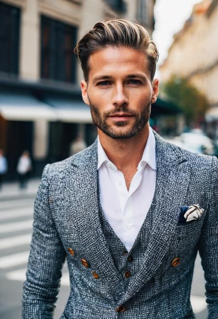 street style photo, half body, beautiful man, 30 years old,  Classic Fashion, luxurious outfit