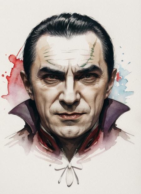 d1, a man, dracula, caricature, chibi, kawaii,3d rendering, octane rendering, volumetric light, metallic, highly-detailed symmetric face, detailed eyes, ultra sharp, highest quality, art by Anja Millen and George Cruikshank and Bordalo II, smooth, sharp focus, trending on artforum, behance hd, kids story book style, muted colors, watercolor style  <lora:Dracula:.95>